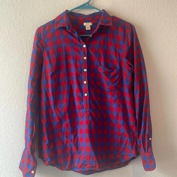 JCrew 100% cotton blue and red plaid XS half button up top - Picture 1 of 5